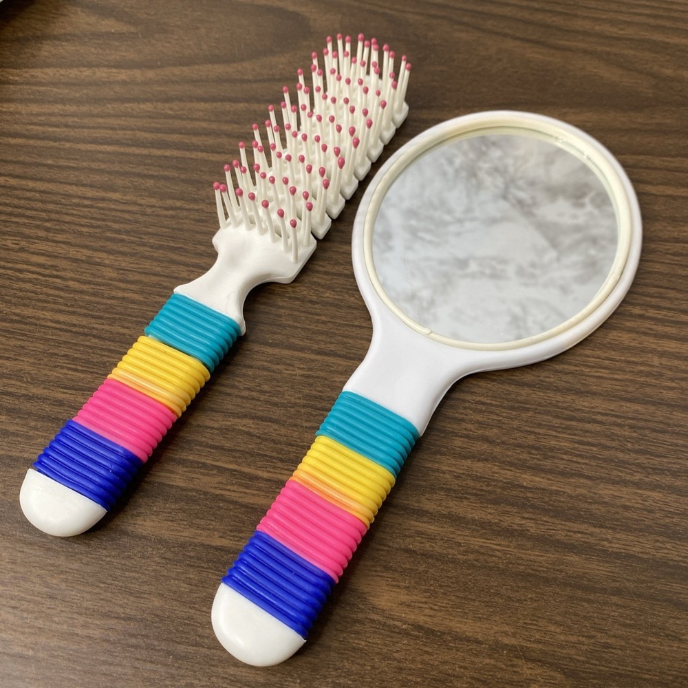 VTG 1990s Plastic Hair Brush & Mirror Set- White w/ Rainbow Rubber Grip PROP